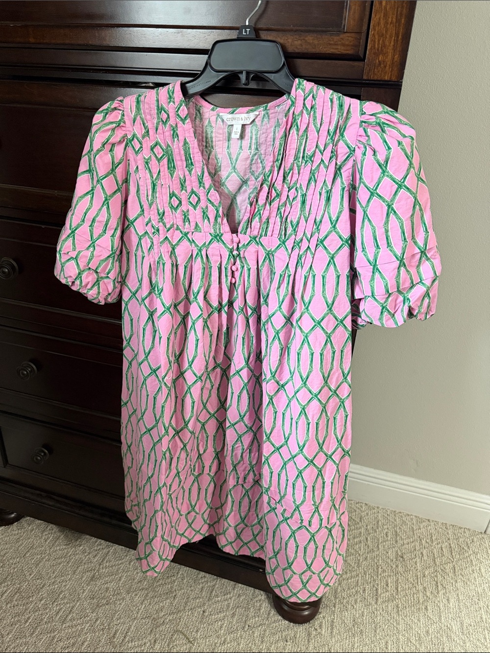 EUC Crown & Ivy Pink Green Cotton Trellis Tropical Puff Sleeve Dress